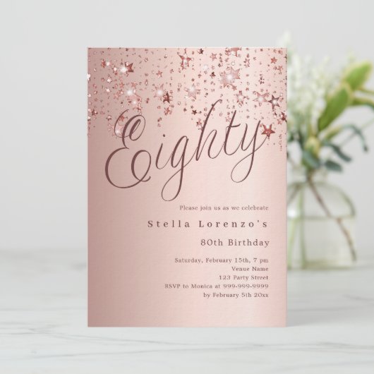 Roos gouden sterren script luxe 80e verjaardag kaart (Staand voorkant)
