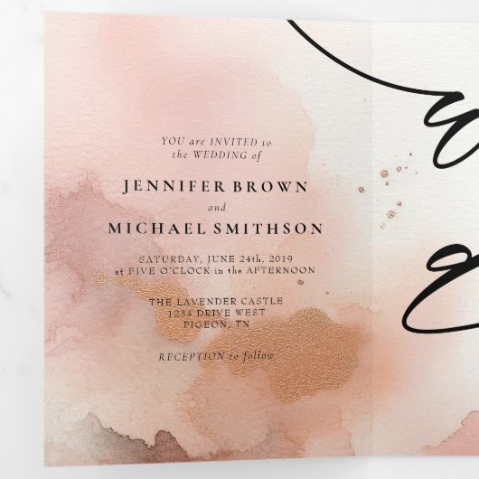 Roos gouden stof Waterverf monogram uitnodigen Drieluik Kaart (Binnenzijde eerst)