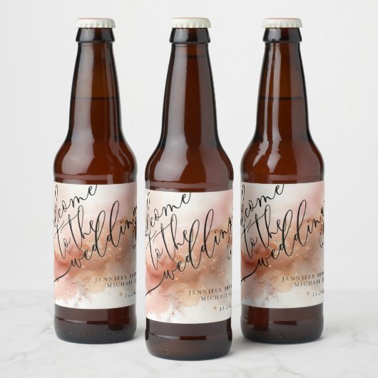 Roos gouden stof Waterverf monogram welkom bruilof Bier Etiket (Flessen)