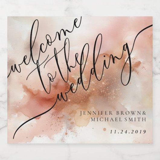 Roos gouden stof Waterverf monogram welkom bruilof Bier Etiket (Enkel label)