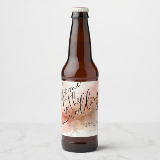 Roos gouden stof Waterverf monogram welkom bruilof Bier Etiket (Voorkant)