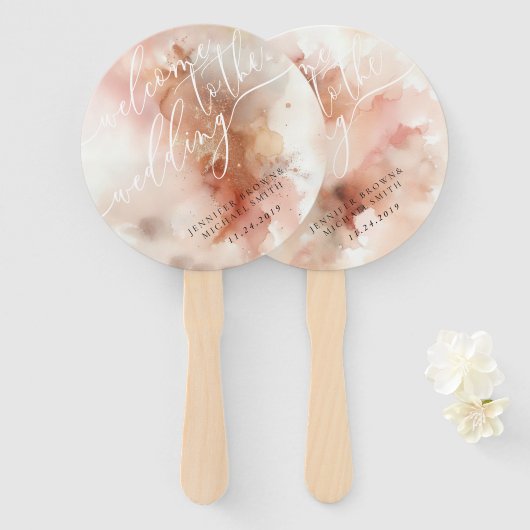 Roos gouden stof Waterverf welkom bruiloft dag Handwaaier (Voorkant en achterkant)