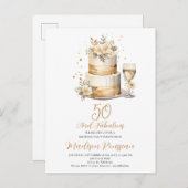 Roos Gouden Taart Champagne 50e Verjaardag Uitnodiging Briefkaart (Voorkant / Achterkant)