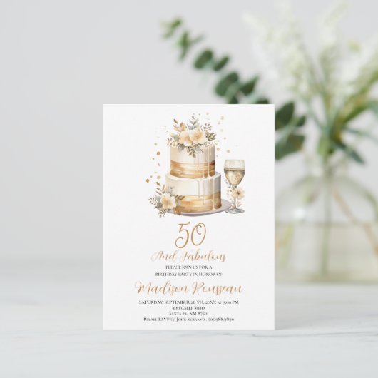 Roos Gouden Taart Champagne 50e Verjaardag Uitnodiging Briefkaart (Staand voorkant)