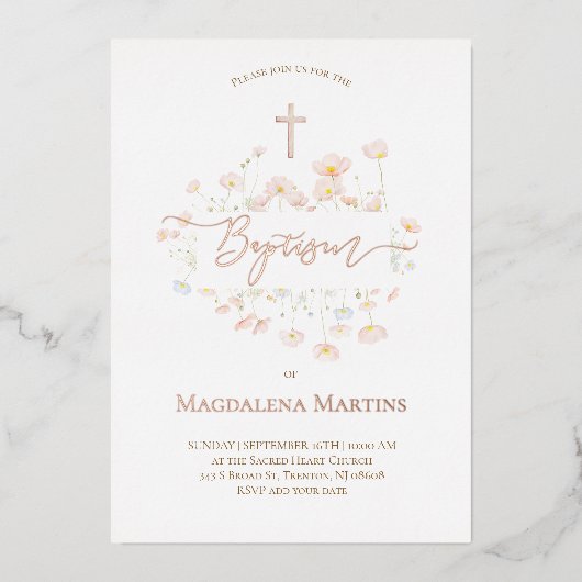 roos gouden tekst Doop delicate bloemen Folie Uitnodiging (Voorkant)