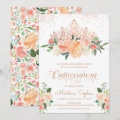 Roos Gouden Tiara & Blush Roze Bloemen Quinceanera Kaart (Voorkant / Achterkant)