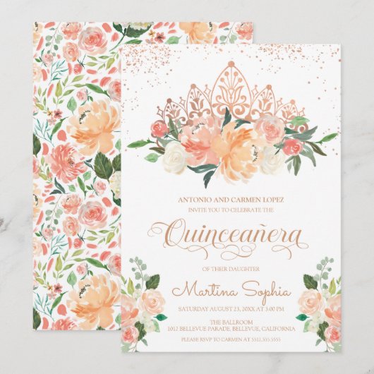 Roos Gouden Tiara & Blush Roze Bloemen Quinceanera Kaart (Voorkant / Achterkant)