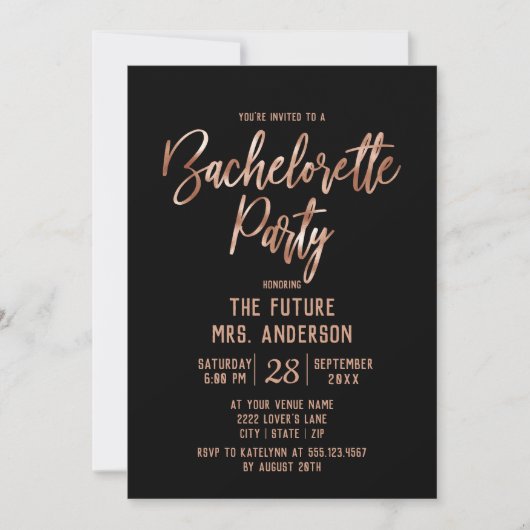 Roos Gouden Typografie Bachelorette Feestuitnodigi Kaart (Voorkant)
