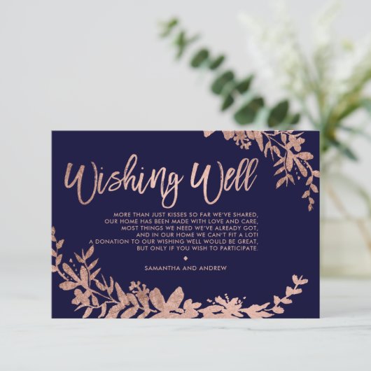 Roos Gouden typografie bloemenmarineblauw wensend  Informatiekaartje (Staand voorkant)