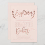 Roos gouden typografie debut blush 18th Birthday Kaart<br><div class="desc">Roos gouden typografie zwart roze 18th Birthday. Een moderne 18e verjaardag debuteert partijuitnodiging met deze moderne, eenvoudige, elegante en chic faux roos gouden borstelpografie met handschrift op een pastelroze achtergrond. Ideaal voor een eenvoudig, elegant en modern 18-jarig feest. Als u een gewijzigde en aangepaste tekst nodig hebt, aarzel dan niet...</div>