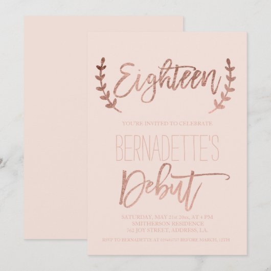 Roos gouden typografie debuutblush 18e verjaardag kaart (Voorkant / Achterkant)