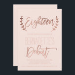 Roos gouden typografie debuutblush 18e verjaardag kaart<br><div class="desc">Roos gouden typografie blush roze 18e verjaardag. Een eigentijdse 18e verjaardag feestuitnodiging met deze eigentijdse, eenvoudige, elegante en chique faux roos goudborstel hand belettering typografie op een pastel blush roze achtergrond. Perfect voor eenvoudige, elegante en moderne achttien partij. Als u een tekst moet wijzigen en aanpassen, aarzel dan niet om...</div>