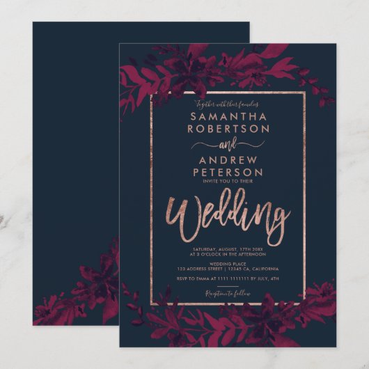 Roos gouden typografie Floral marine rode bruiloft Kaart (Voorkant / Achterkant)
