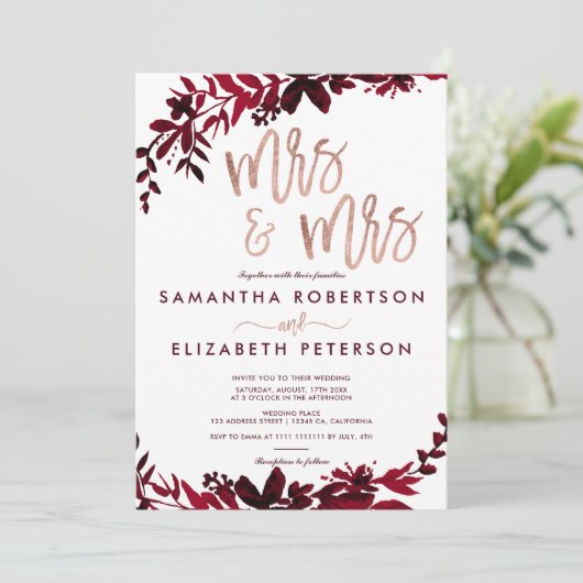 Roos gouden typografie Floral rood lesbisch bruilo Kaart (Staand voorkant)