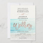 Roos gouden typografie strandfoto bruiloft kaart (Voorkant)