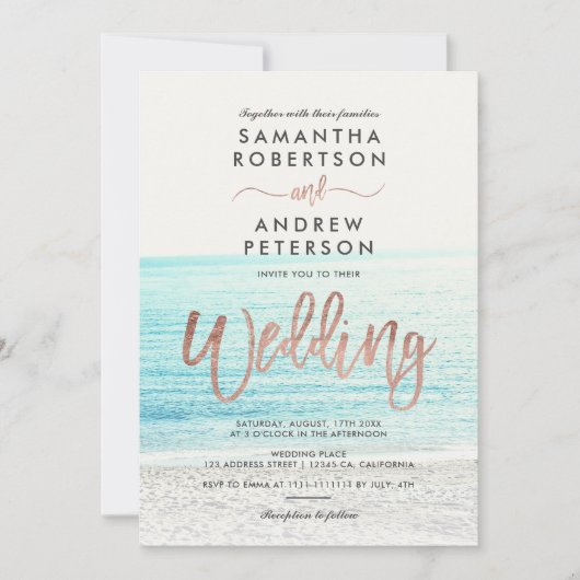 Roos gouden typografie strandfoto bruiloft kaart (Voorkant)