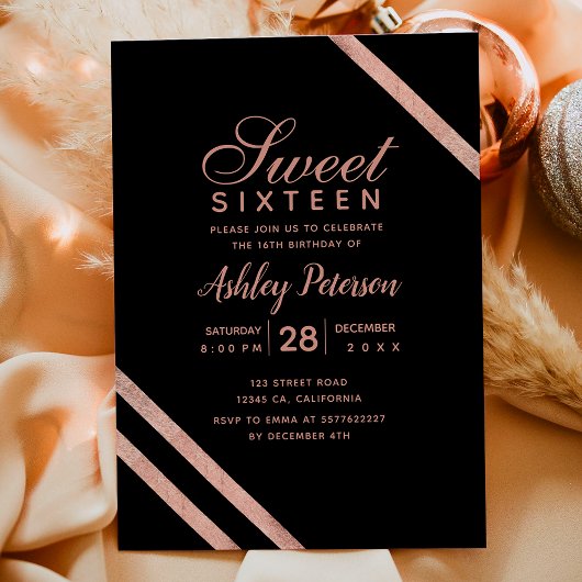 Roos gouden typografie strepen Sweet 16 party Kaart