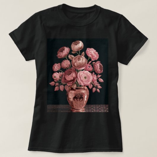 Roos Gouden Vaas Rozen Zwart T-shirt (Design voorkant)