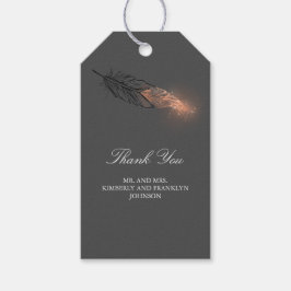 Roos gouden veer elegante bruiloft cadeaulabel