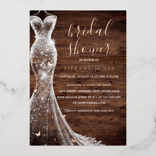 Roos gouden vlinder jurk rustiek Vrijgezellenfeest Folie Uitnodiging (Voorkant)