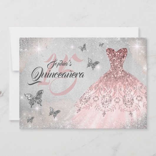 Roos gouden vlinder sparkle jurk quinceanera kaart (Voorkant)