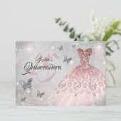Roos gouden vlinder sparkle jurk quinceanera kaart (Staand voorkant)