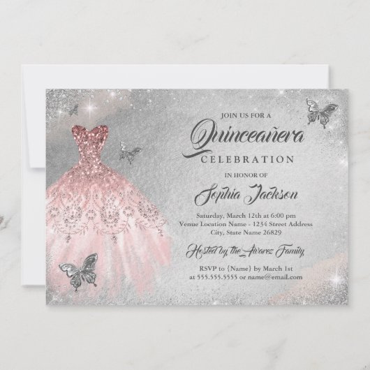 Roos gouden vlinder sparkle jurk quinceanera kaart (Achterkant)