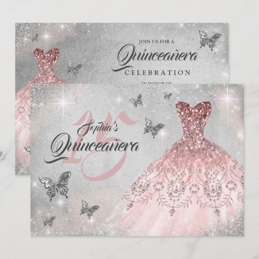 Roos gouden vlinder sparkle jurk quinceanera kaart (Voorkant / Achterkant)