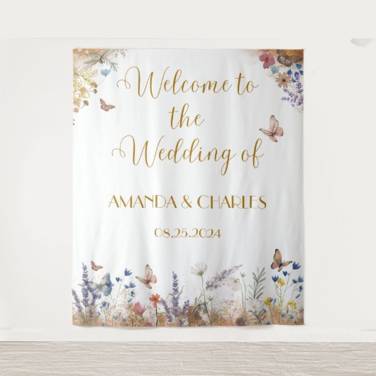 Roos gouden vlinder tuin bruiloft achtergrond wandkleed (Voorkant)