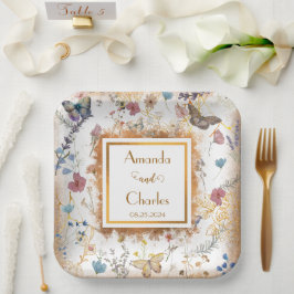Roos gouden vlinder tuin bruiloft papieren bordje