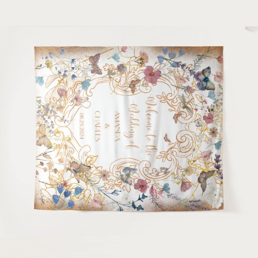 Roos gouden vlinder tuin bruiloft wandkleed (Voorkant (horizontaal))