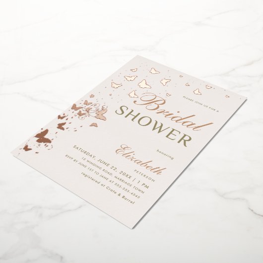 Roos gouden vlinder wervelt elegant Vrijgezellenfe Folie Uitnodiging (Gedraaid)