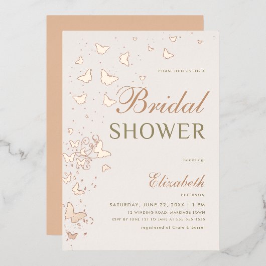 Roos gouden vlinder wervelt elegant Vrijgezellenfe Folie Uitnodiging (Voorkant / Achterkant)