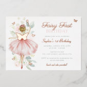 Roos gouden vlinderfee eerste 1e verjaardag folie uitnodiging (Voorkant)