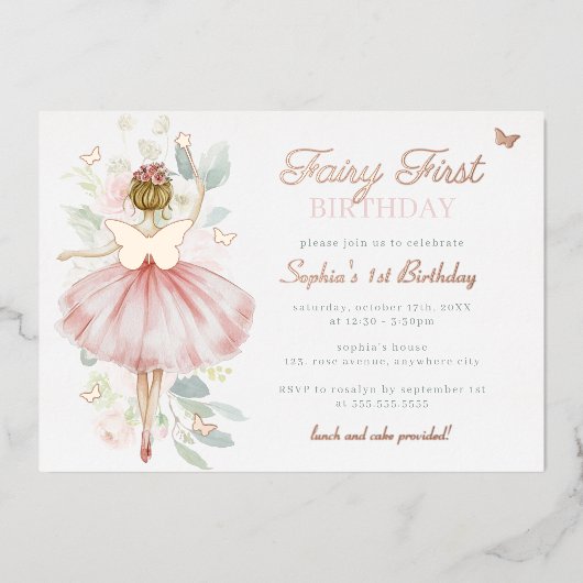 Roos gouden vlinderfee eerste 1e verjaardag folie uitnodiging (Voorkant)