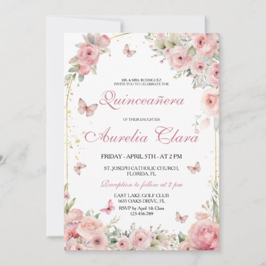 Roos gouden vlinders Quinceañera Kaart (Voorkant)