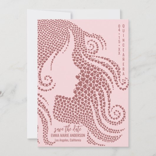 Roos gouden vrouw silhouet in harten quinceañera save the date (Voorkant)