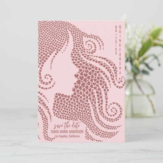Roos gouden vrouw silhouet in harten quinceañera save the date (Staand voorkant)