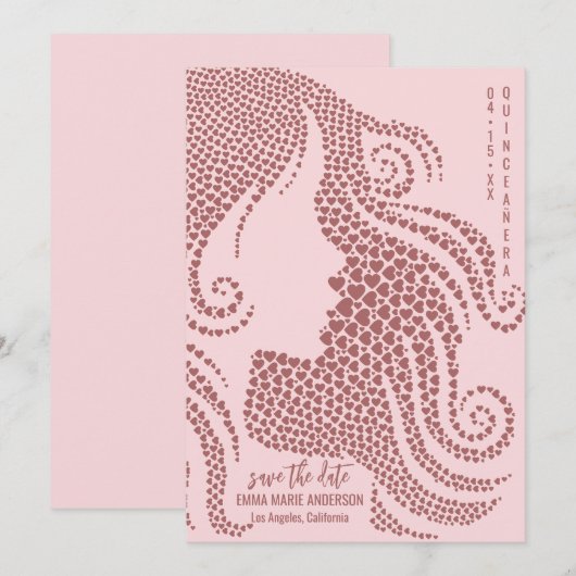 Roos gouden vrouw silhouet in harten quinceañera save the date (Voorkant / Achterkant)