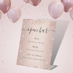 Roos gouden vuile glitter sparkles script menu reclamebord met voetstuk<br><div class="desc">Een roos gouden,  blauwe gradiëntachtergrond versierd met faux glitter,  sparkles. Met de tekst: Open balk. Pas uw bar menu aan en voeg toe.</div>