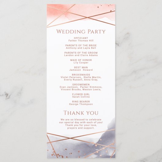 Roos Gouden Waterverf Geometrisch Huwelijksprogram Menu (Achterkant)