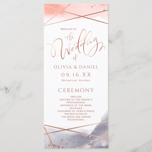 Roos Gouden Waterverf Geometrisch Huwelijksprogram Menu (Voorkant)