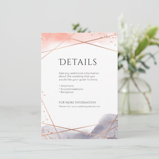 Roos Gouden Waterverf Geometrische bruiloft detail Informatiekaartje (Staand voorkant)