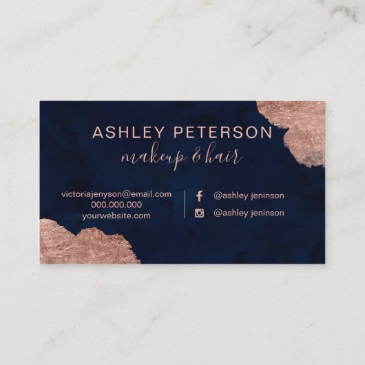 Roos gouden waterverf navy haarmake-up typografie visitekaartje (Achterkant)