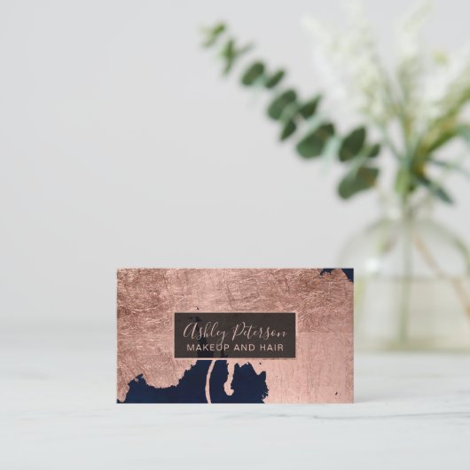 Roos gouden waterverf navy haarmake-up typografie visitekaartje (Staand voorkant)