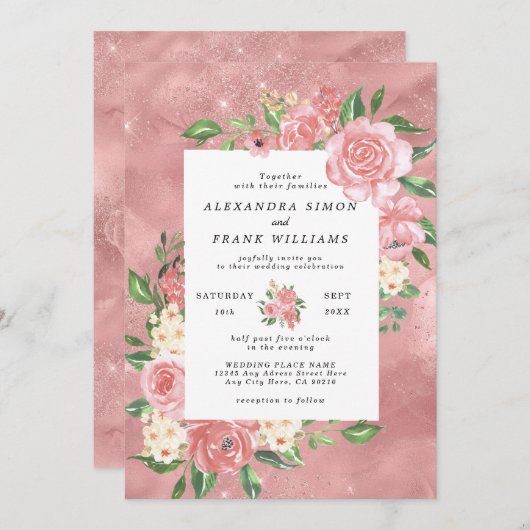 Roos Gouden Waterverf Roze Botanische Bloemen Brui Kaart (Voorkant / Achterkant)