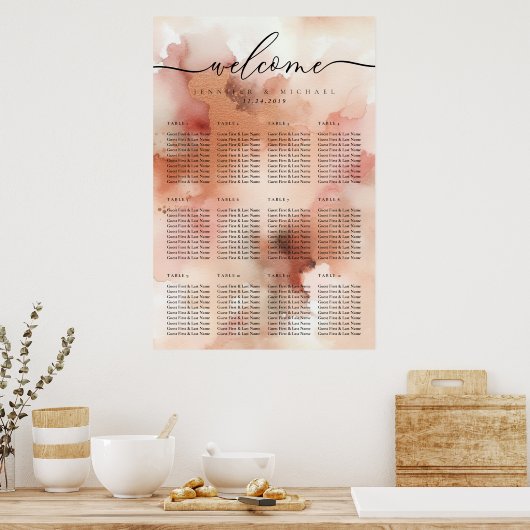 Roos Gouden Waterverf Roze Trouwtafel Nummer Poster (Keuken)