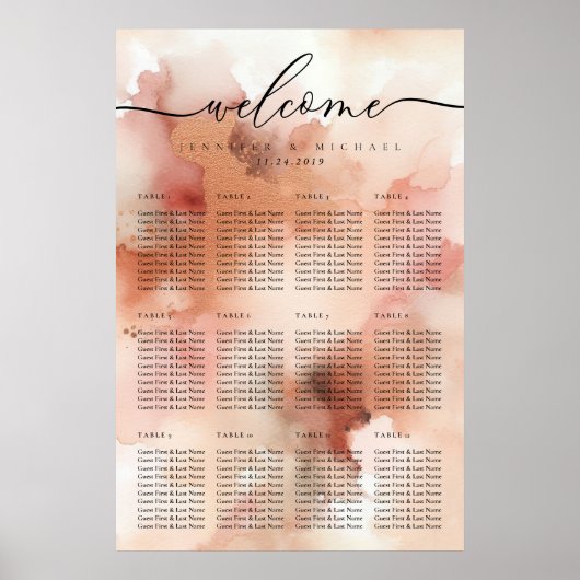 Roos Gouden Waterverf Roze Trouwtafel Nummer Poster (Voorkant)