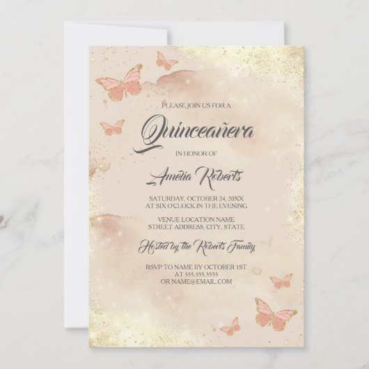 Roos gouden Waterverf vlinderjurk quinceanera Kaart (Voorkant)