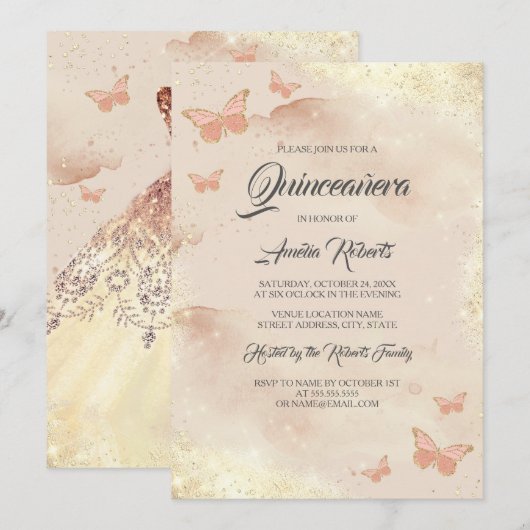 Roos gouden Waterverf vlinderjurk quinceanera Kaart (Voorkant / Achterkant)